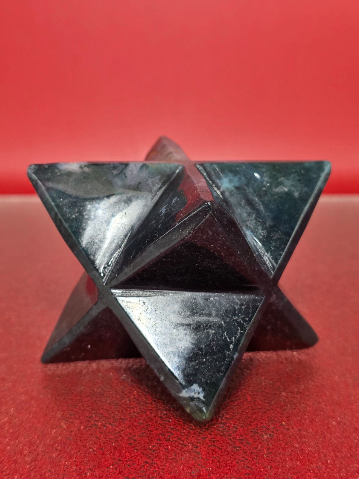 423g Moss Agate 8 Point Merkaba Star Carving Crystal Sacred Geometry Healing