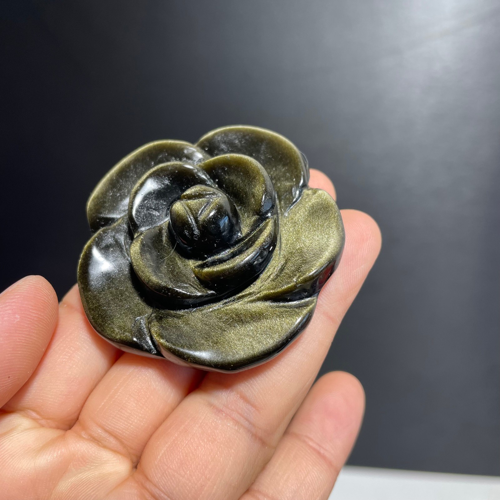 1PC Natural Golden Obsidia Quartz Carved Rose Flower Skull Crystal Reiki C1601