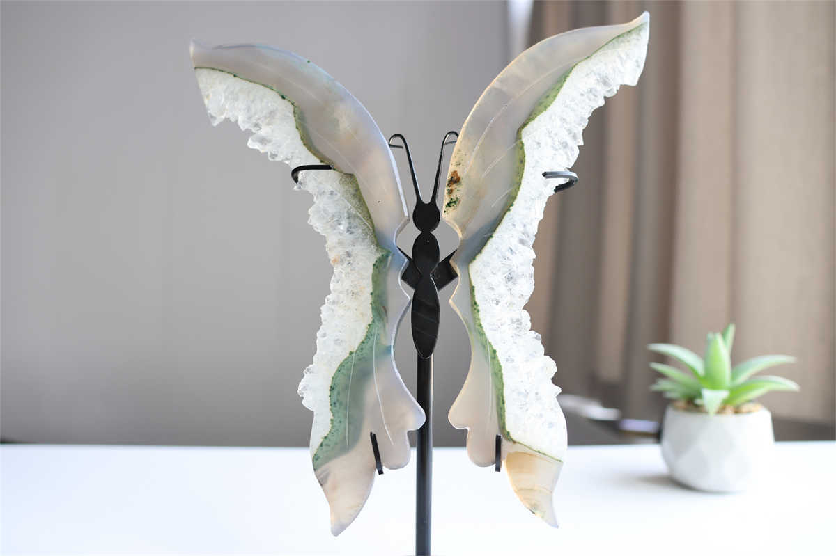 350g Natural Geode Agate Carved Butterfly Wing Reiki Crystal Decor Gift + Stand