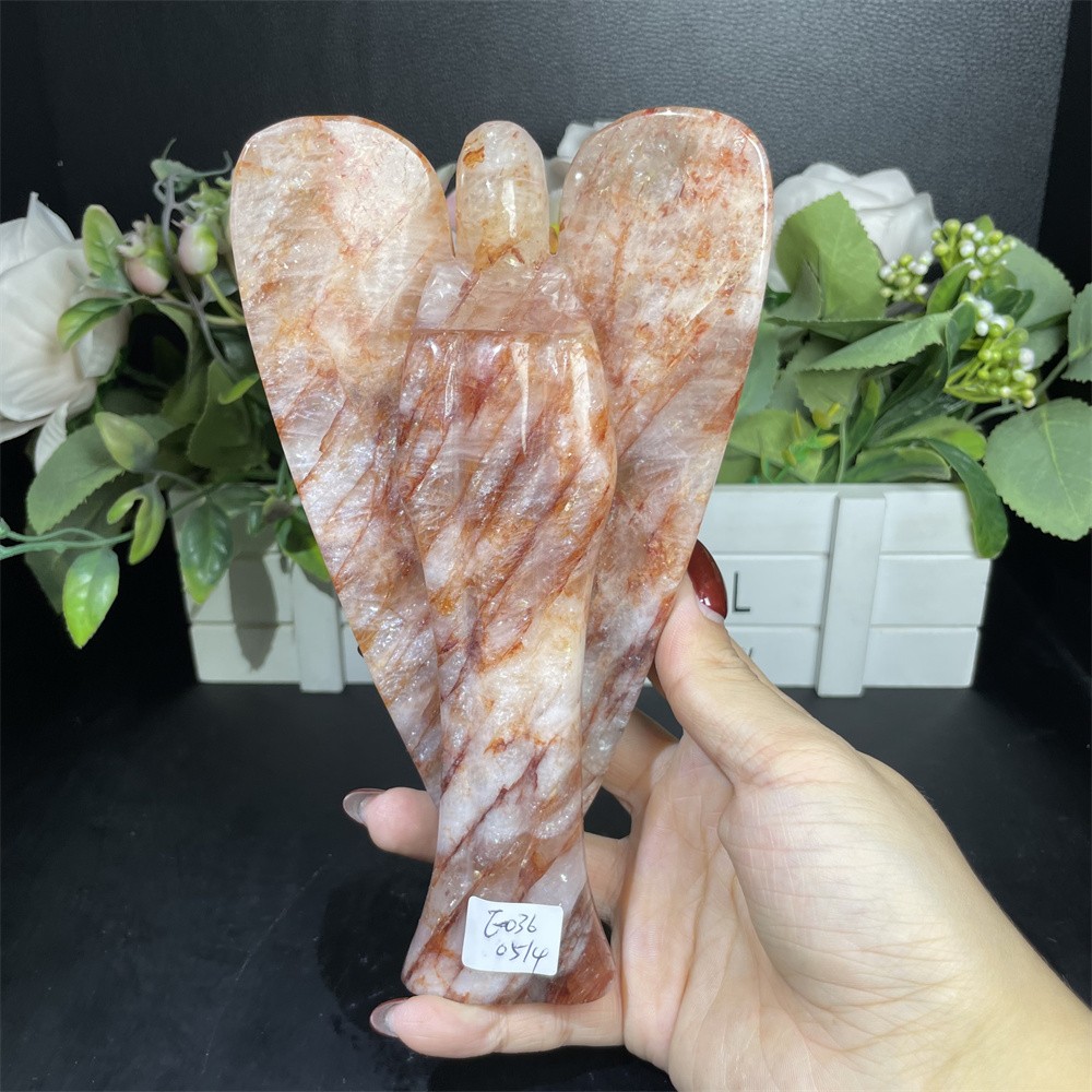 1.7LB 7″ Natural Red Fire Quartz Angel Crystal Ornament Memorial Home Gift