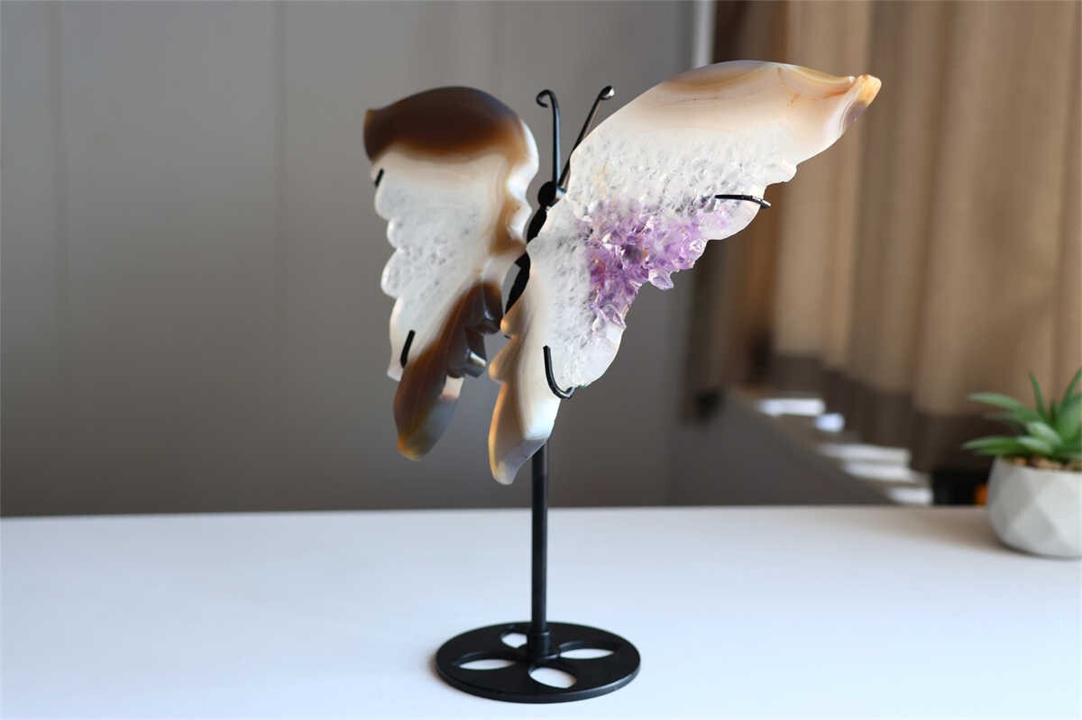 650g Natural Geode Agate Carved Butterfly Wing Reiki Crystal Decor Gift + Stand