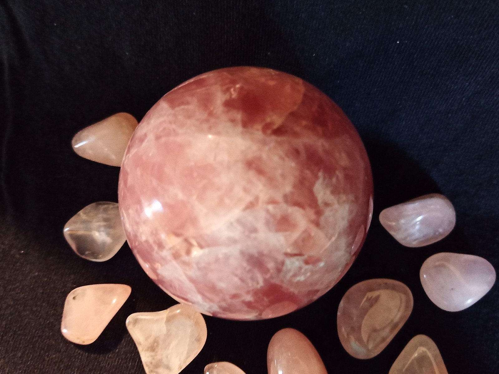 Brazil Rose Quartz Collection, Sphere 62mm, 2 Pillars, 10 Pocket Stones, Gemmy!