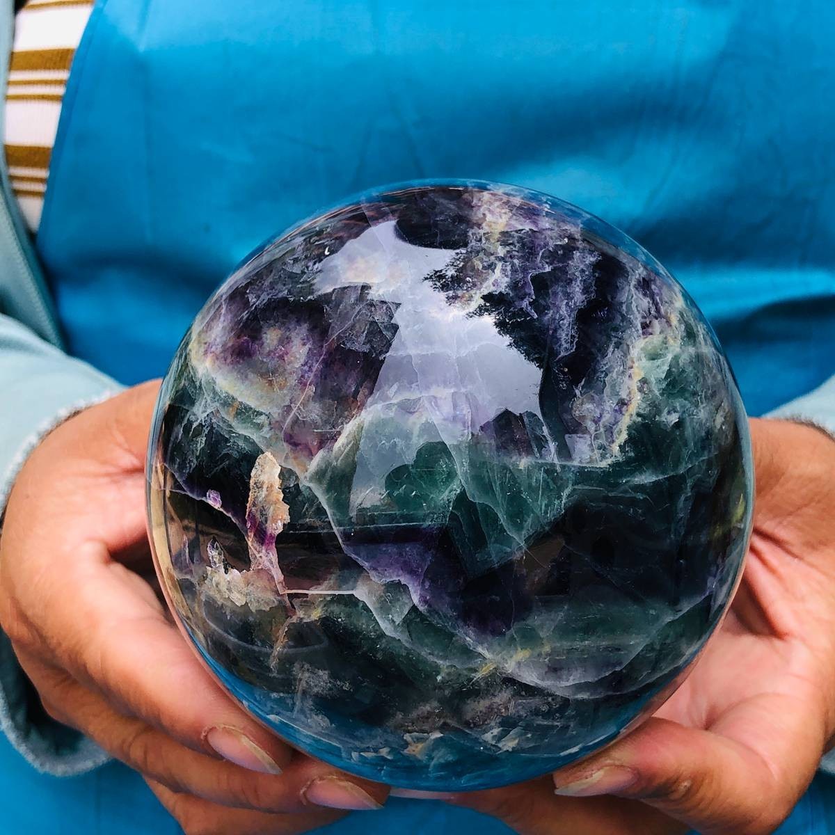 3.74LB Natural Crystal Rainbow Fluorite Sphere Display Ball Reiki Healing