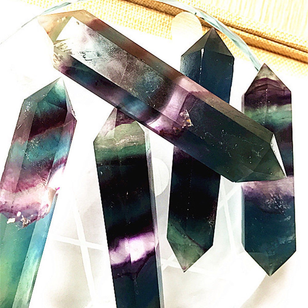 Colorful Natural Fluorite Quartz Crystal Wand Point Healing Stone Gifts