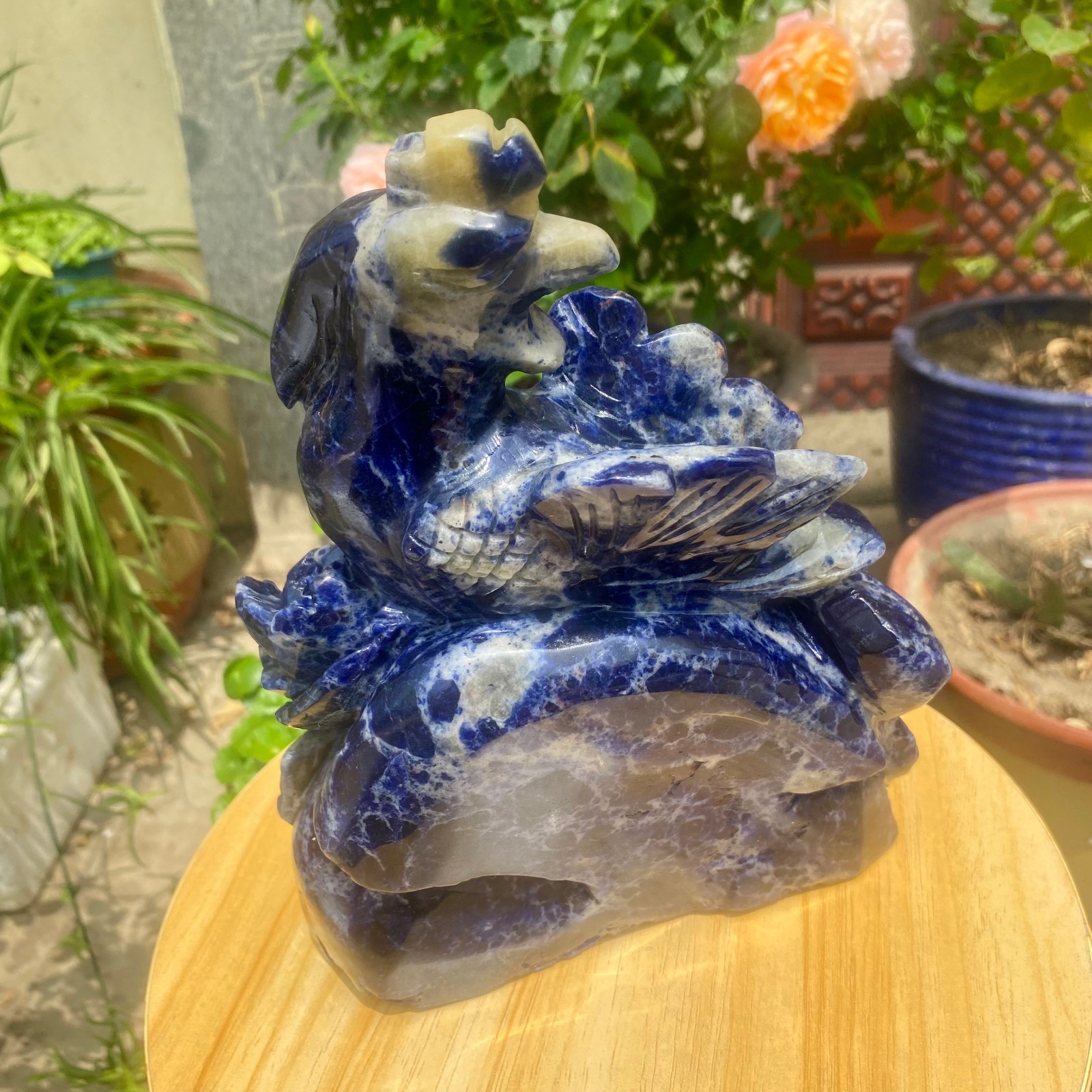 6.17LB Natural Blue Vein Stone Phoenix Carving, Home Decoration