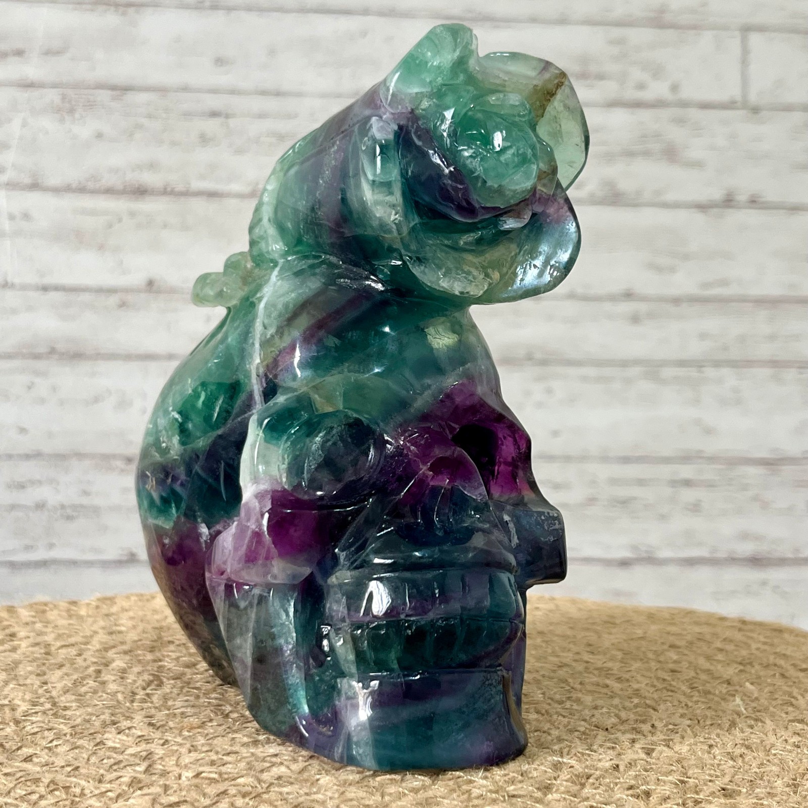 Fluorite Skull Carving with Rose Top – Natural Crystal Healing Decor Gift 3.9 lb