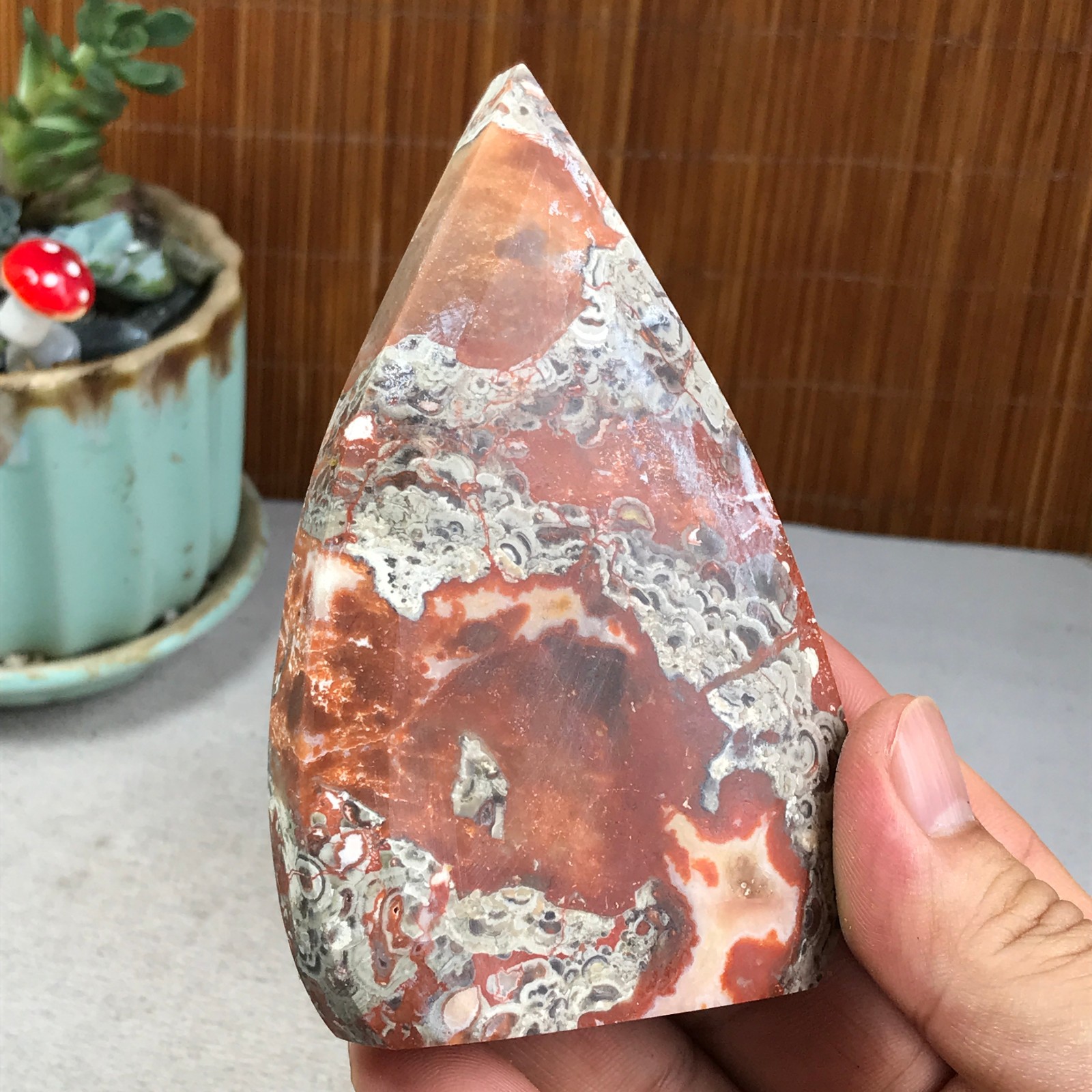 Natural money Mexico agate hand carve leaf Crystal Specimen free standing A6270