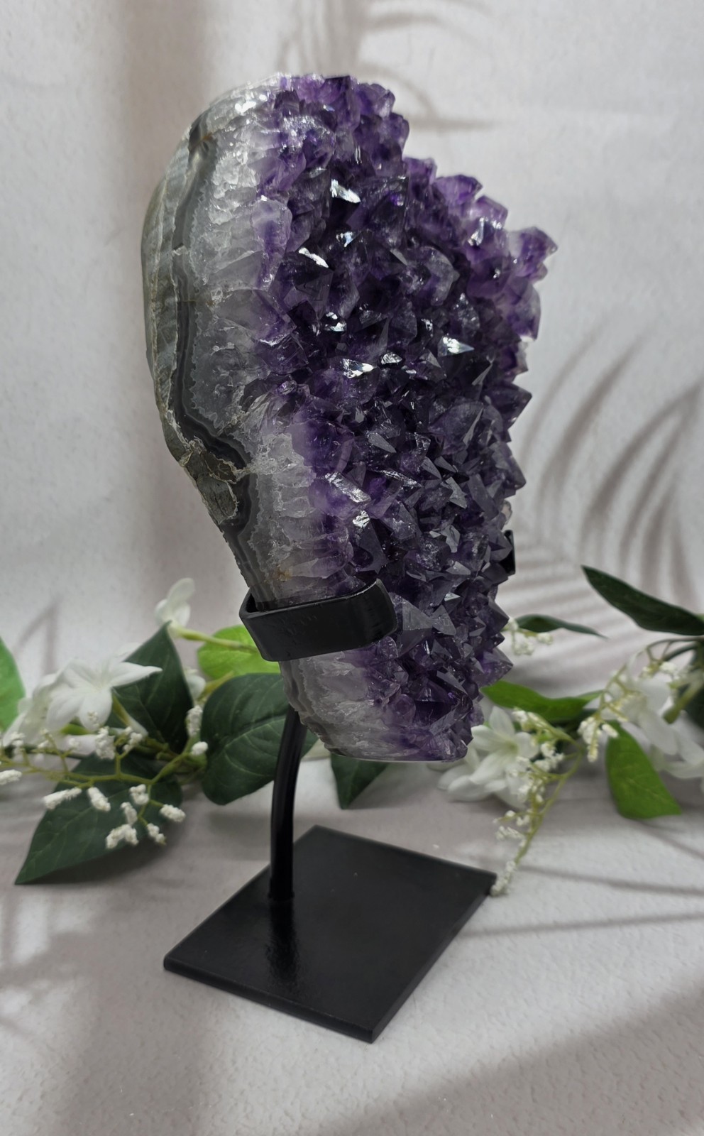 Large Uruguay Amethyst on Black Metal Stand Natural Purple Crystal Display