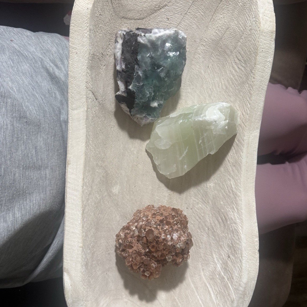 Lot of 3 Rough Mineral Crystal Specimens Green White Orange/Brown Rocks w/ bowl