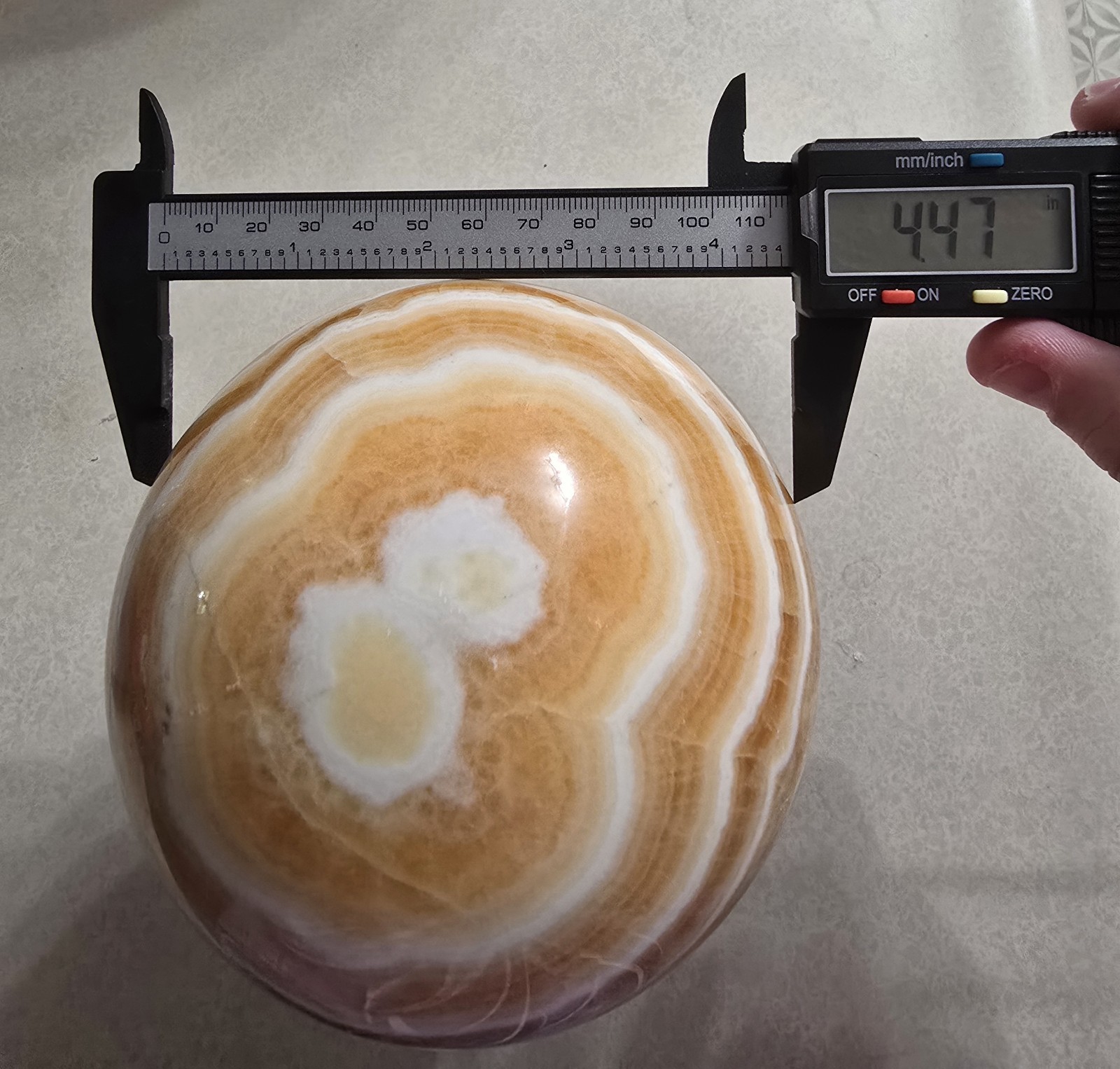Orange Banded Calcite Polished Sphere Display, 4.47 in & 5.5 lbs W/Stand.