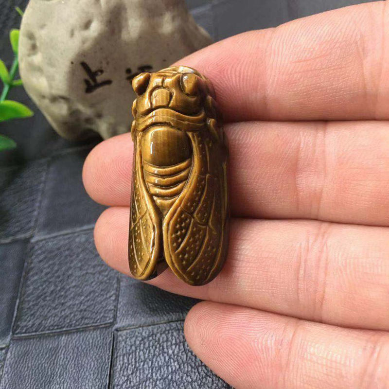 Natural Tiger’s Eye Stone Hand Carved Cicada Quartz Crystal Pendant Gift Healing