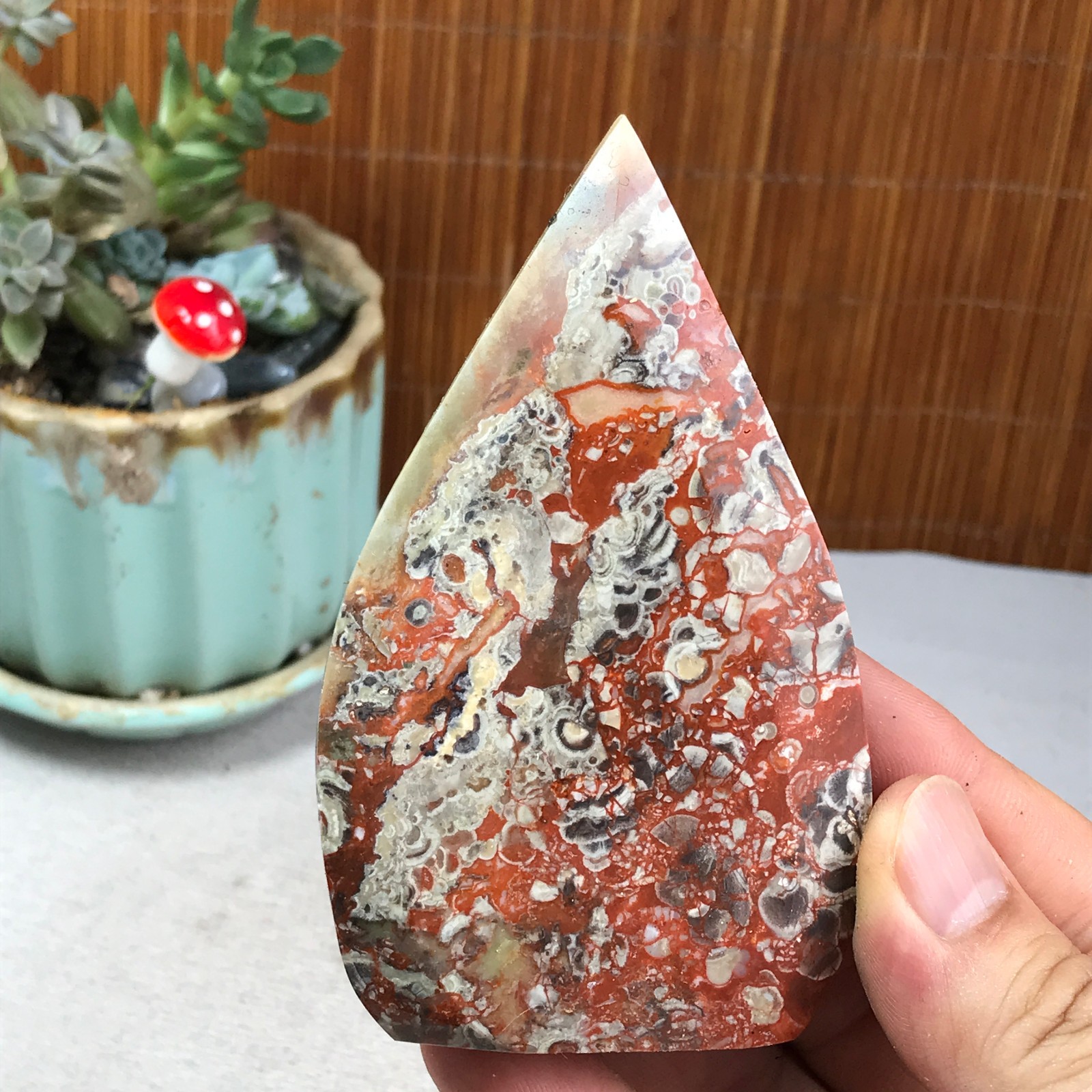 Natural money Mexico agate hand carve leaf Crystal Specimen free standing A6262