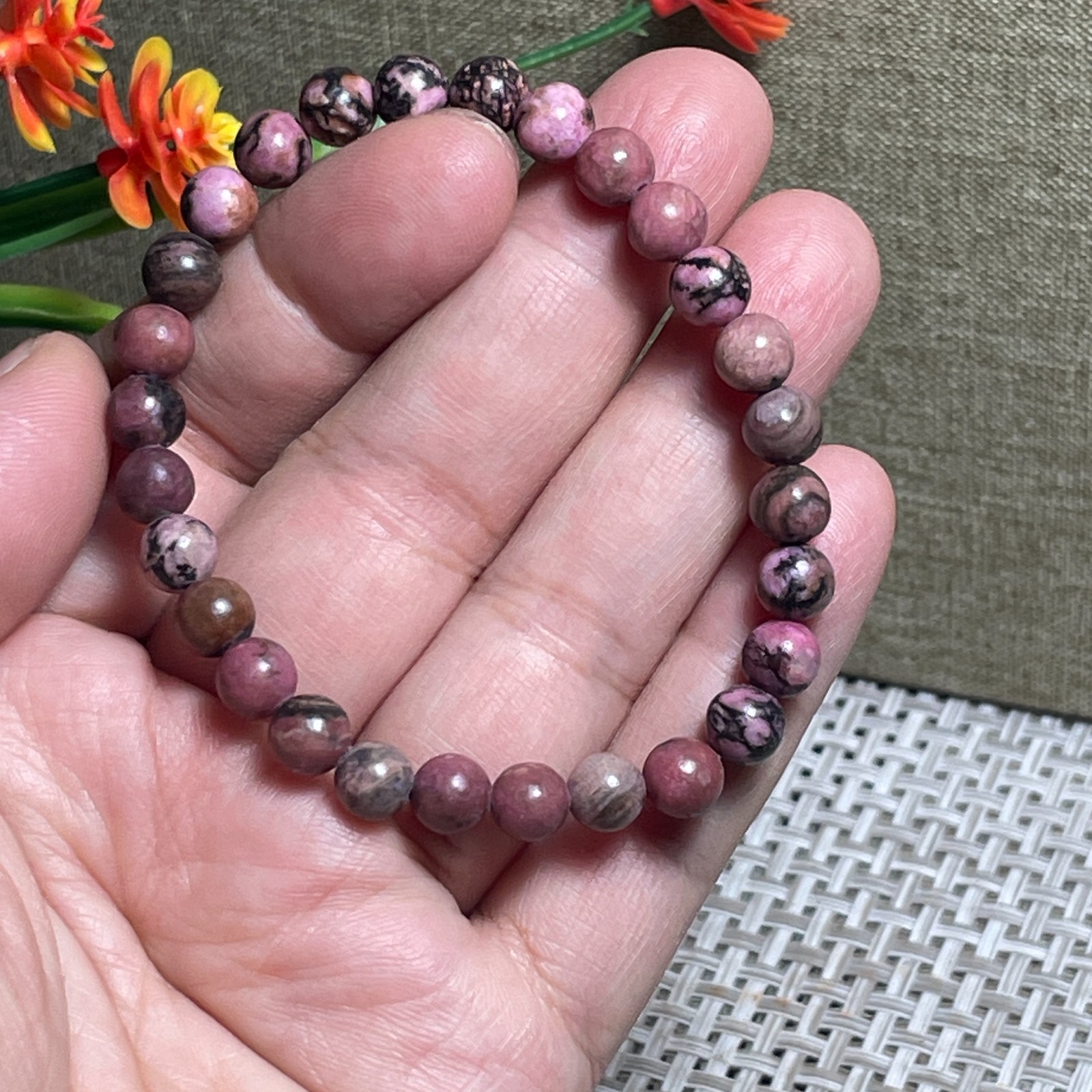 Wholesale 1Pcs 6mm Rhodonite jasper stone ball beads 6mm 7.5”crystal Stretch Bra