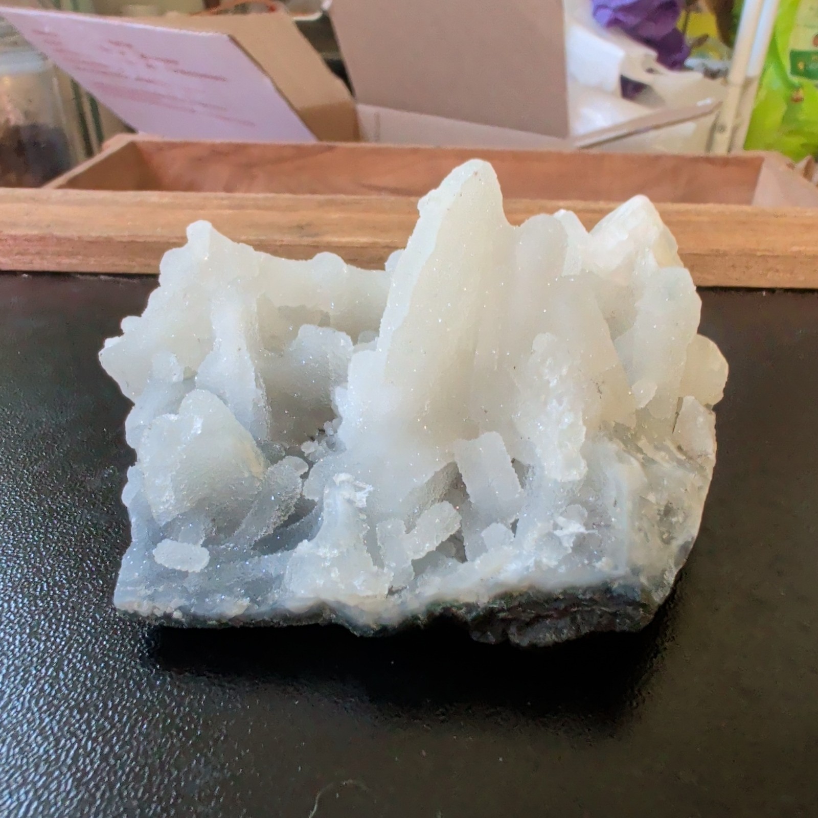 Apophyllite on Druzy Light Blue Chalcedony Crystal Cluster, Mineral Specimen