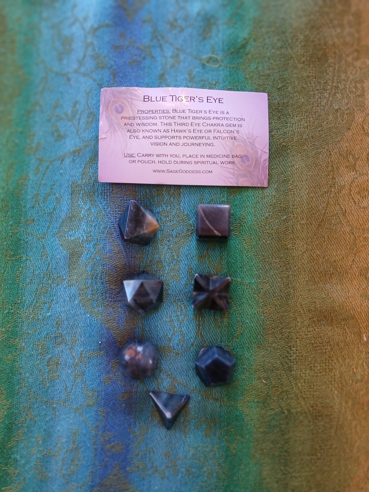 Set of 7 Sacred Geometric Blue Tiger Eye Stones