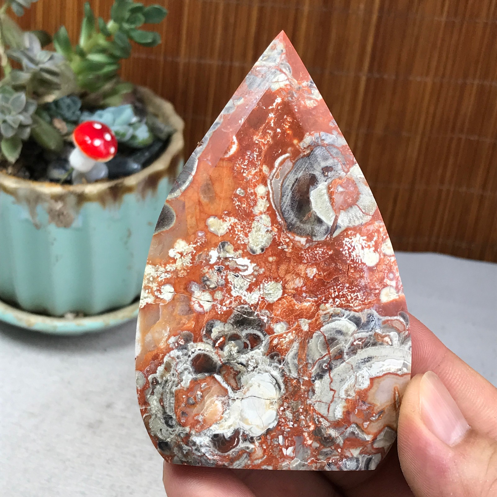 Natural money Mexico agate hand carve leaf Crystal Specimen free standing A6256