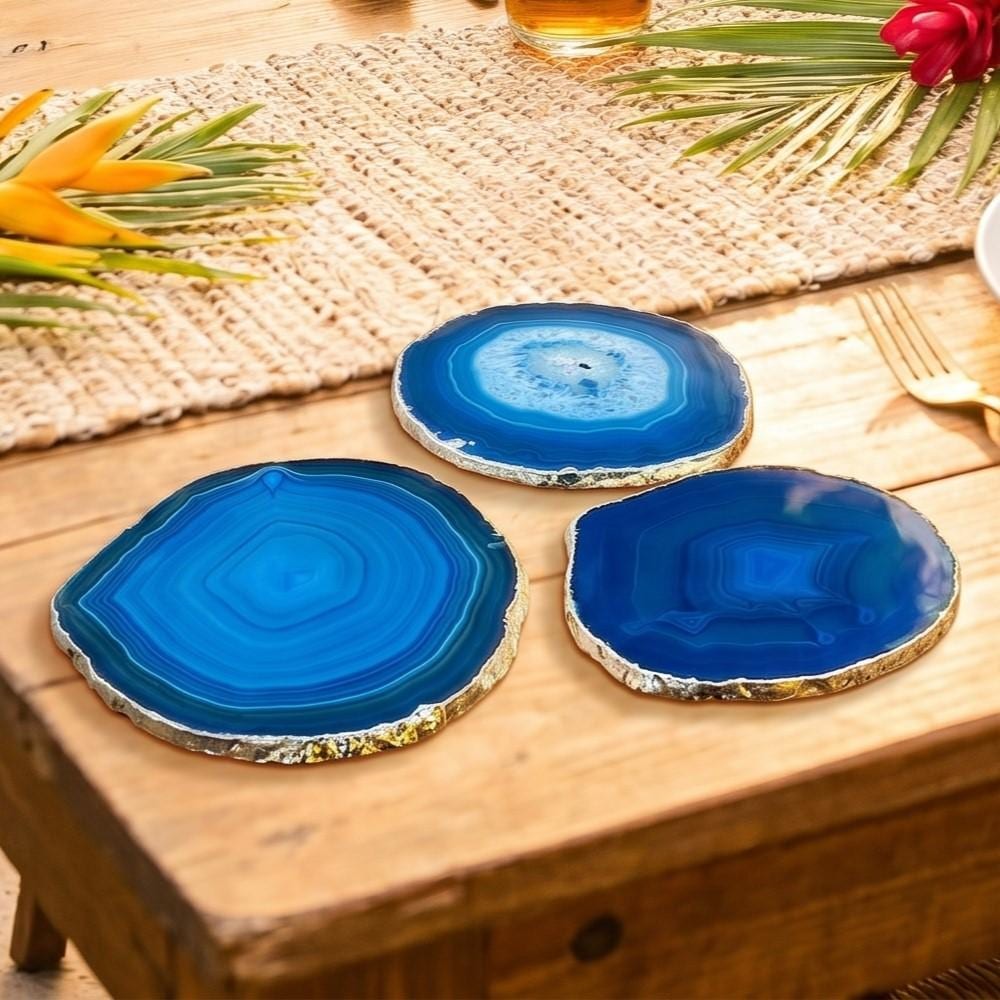 Blue Agate Slice Coasters Silver Dipped Plated Edges Place Cards Brazil Mineral