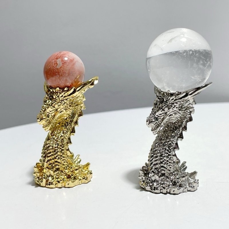 Set of 2 Dragon Crystal Sphere Stands Gold + Silver