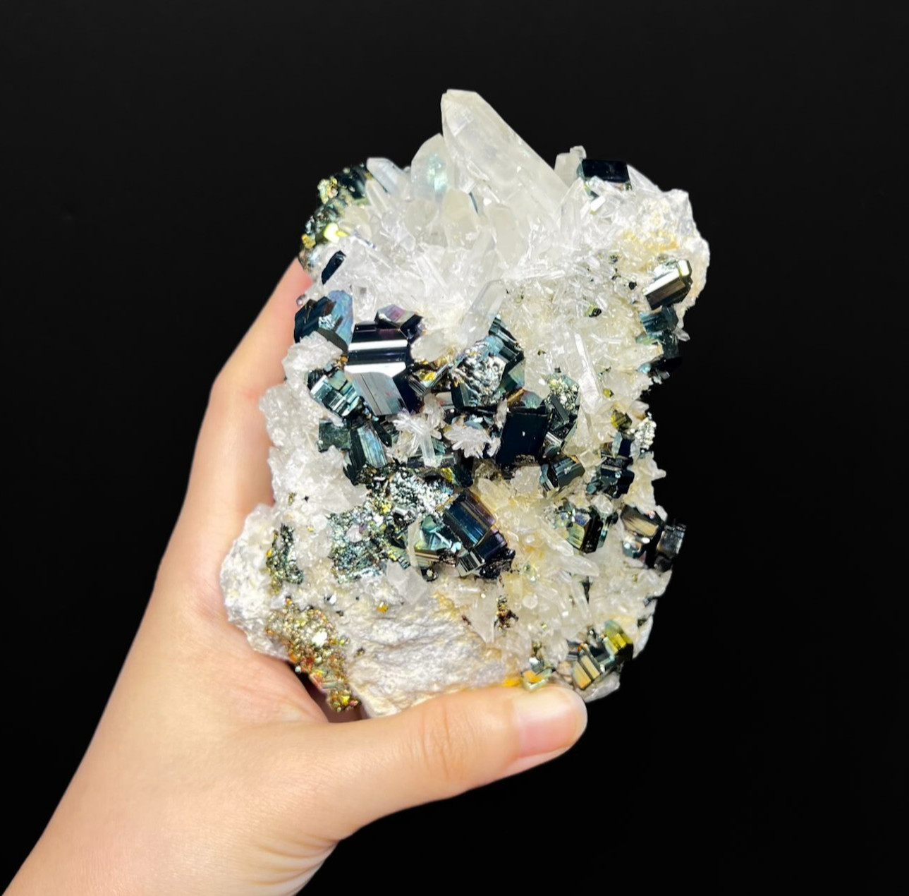 Iridescent Rainbow Pyrite Cube with Quartz Crystals from Indonesia