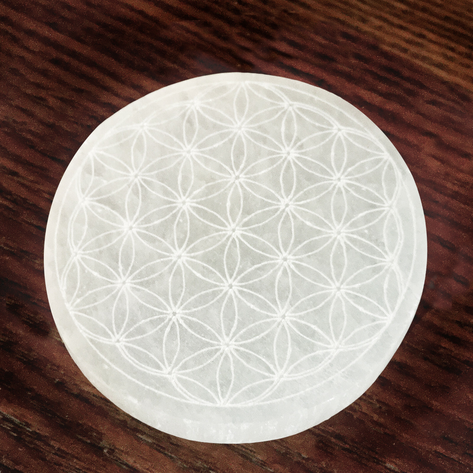 Selenite Crystal Charging Plate 3 ” Sacred Geometry Engraved Circle Disc Reiki