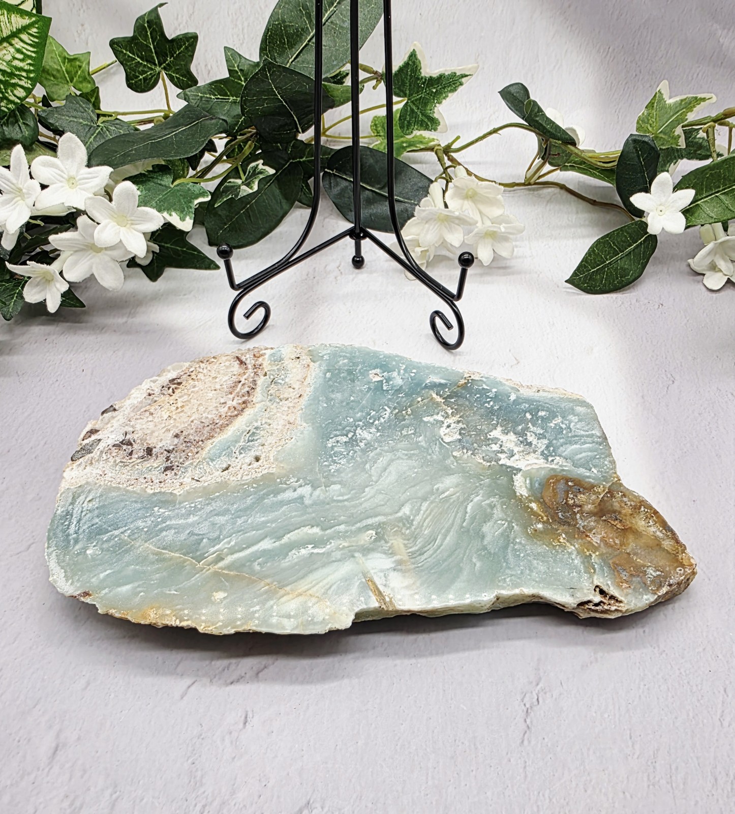 Caribbean Calcite Slab w Metal Stand Natural Blue Calcite Display 2 lb 8 oz