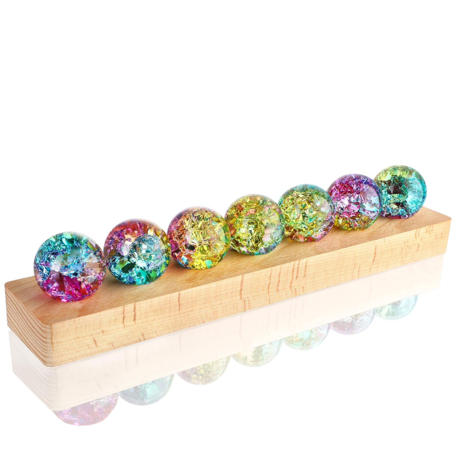 Colorful Healing Spheres 7pcs with LED Wooden Stand – Meditation Decoration