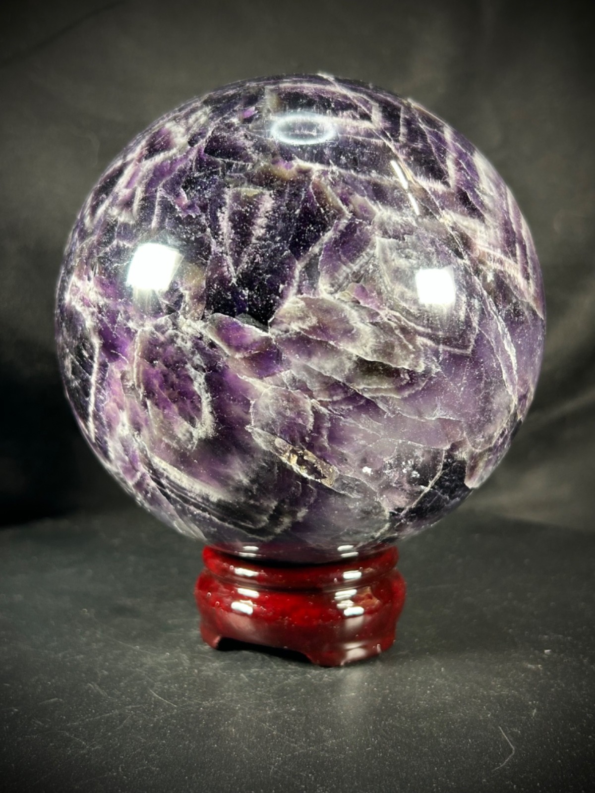 4.56″ Chevron (Dream) Amethyst Sphere With Wood Stand 5lb 3.1oz (2.355 kg)