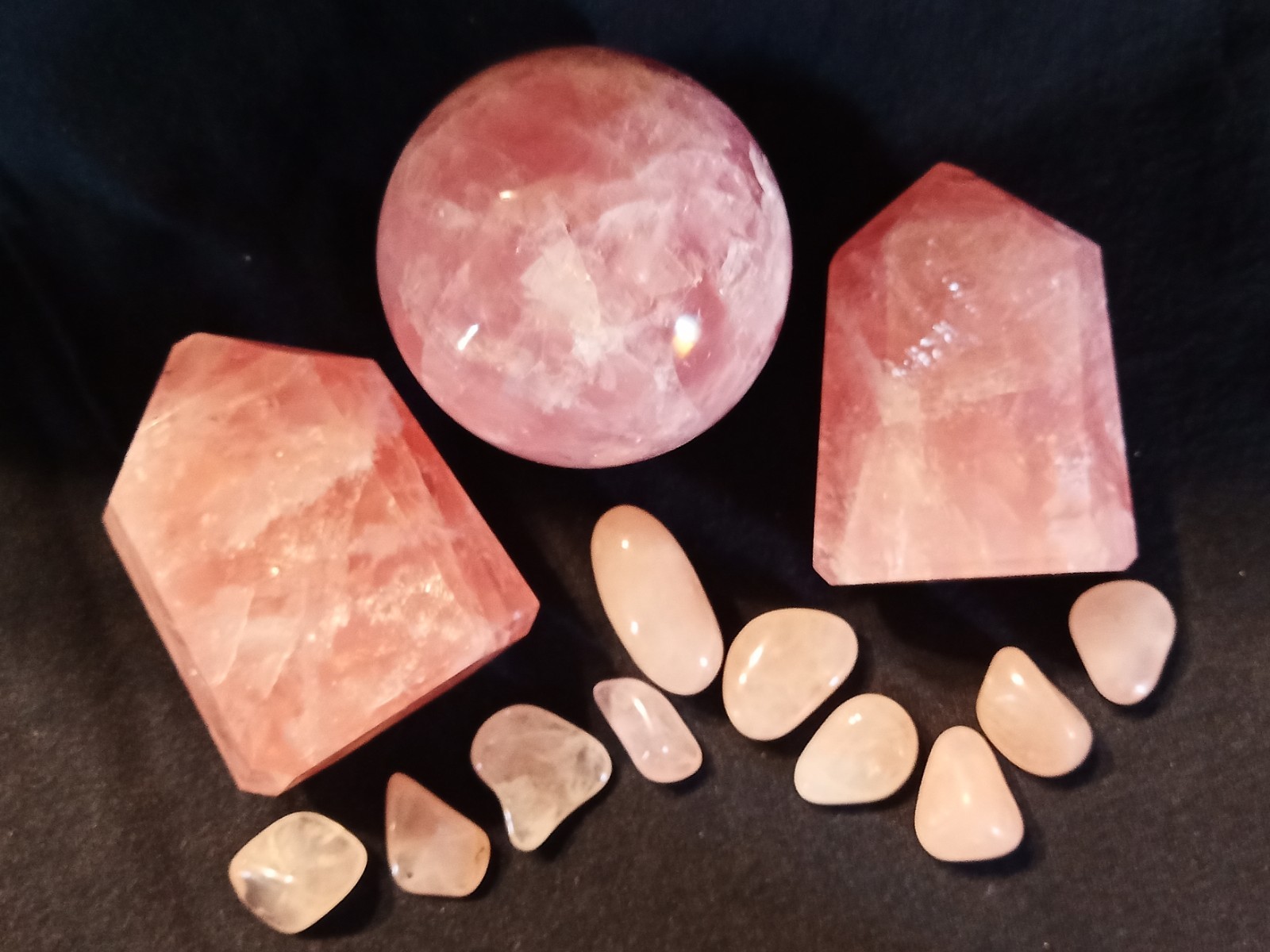 Brazil Rose Quartz Collection, Sphere 62mm, 2 Pillars, 10 Pocket Stones, Gemmy!