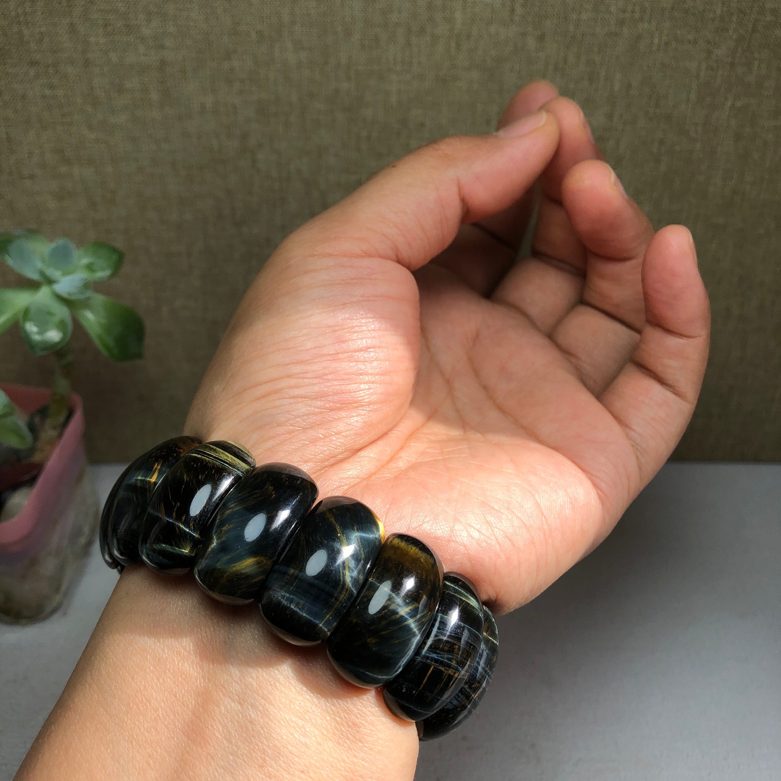 24-12-6mm Natural tiger eye slice quartz Crystal Hand cut polish bracelet A1390