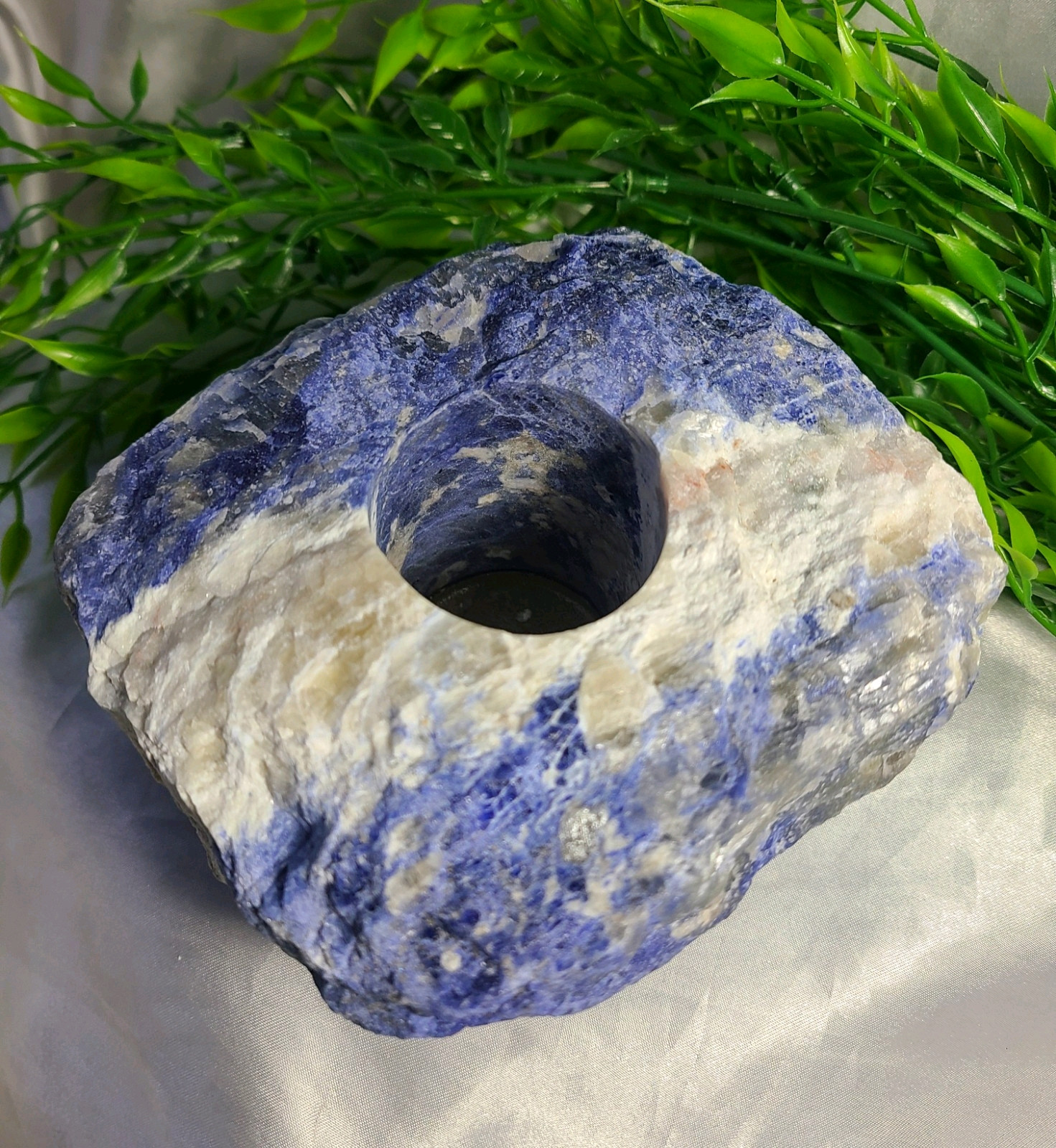 Large Raw 2lb UV Reactive Sodalite Stone Candle or Sphere Holder Tea Light Stand