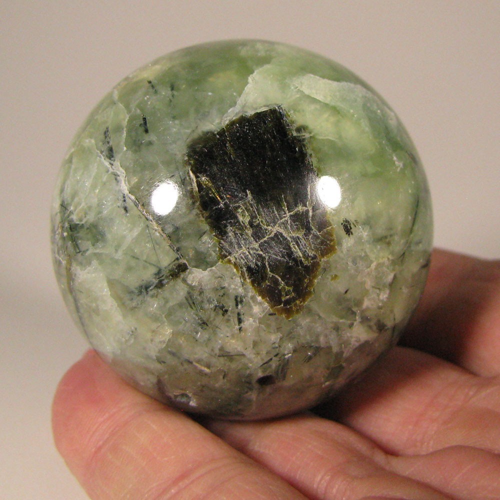 2.1″ Green PREHNITE w/ TOURMALINE, EPIDOTE Sphere w/ Stand – Australia – 53mm