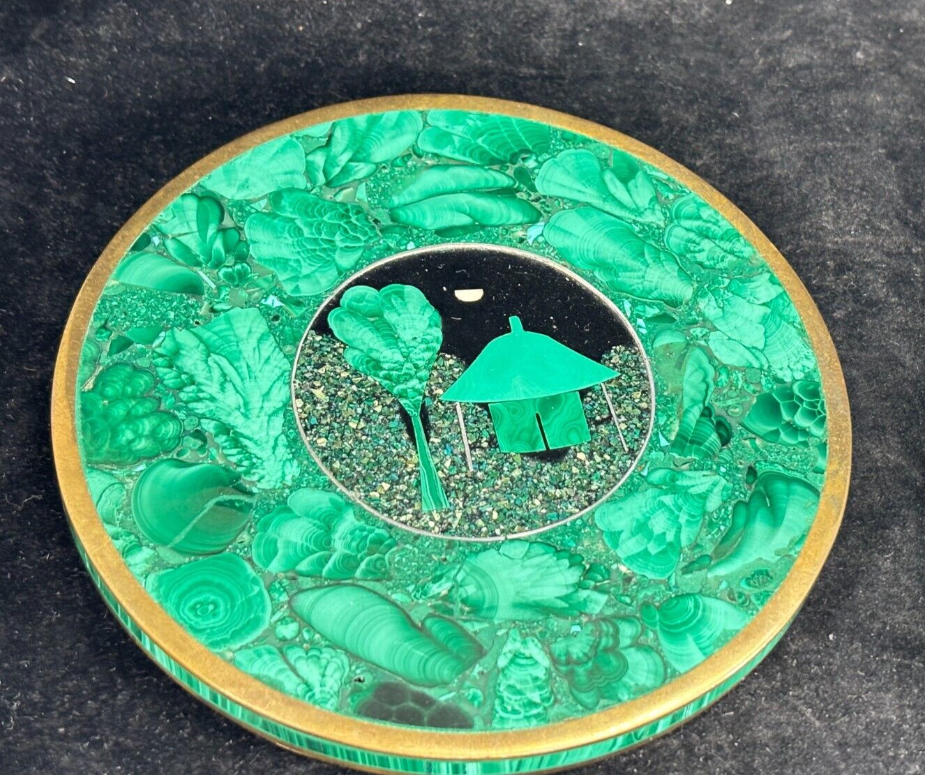 Vintage Green Malachite & Brass Round Box from Congo – Pietra Dura Scene on Top
