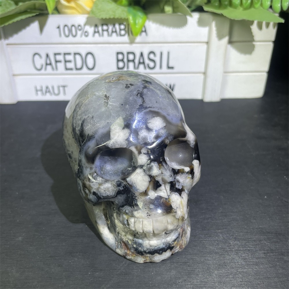 1.6LB 3.5″ Black Flower Agate Skull Carved Crystal Quartz Decor Reiki Gift