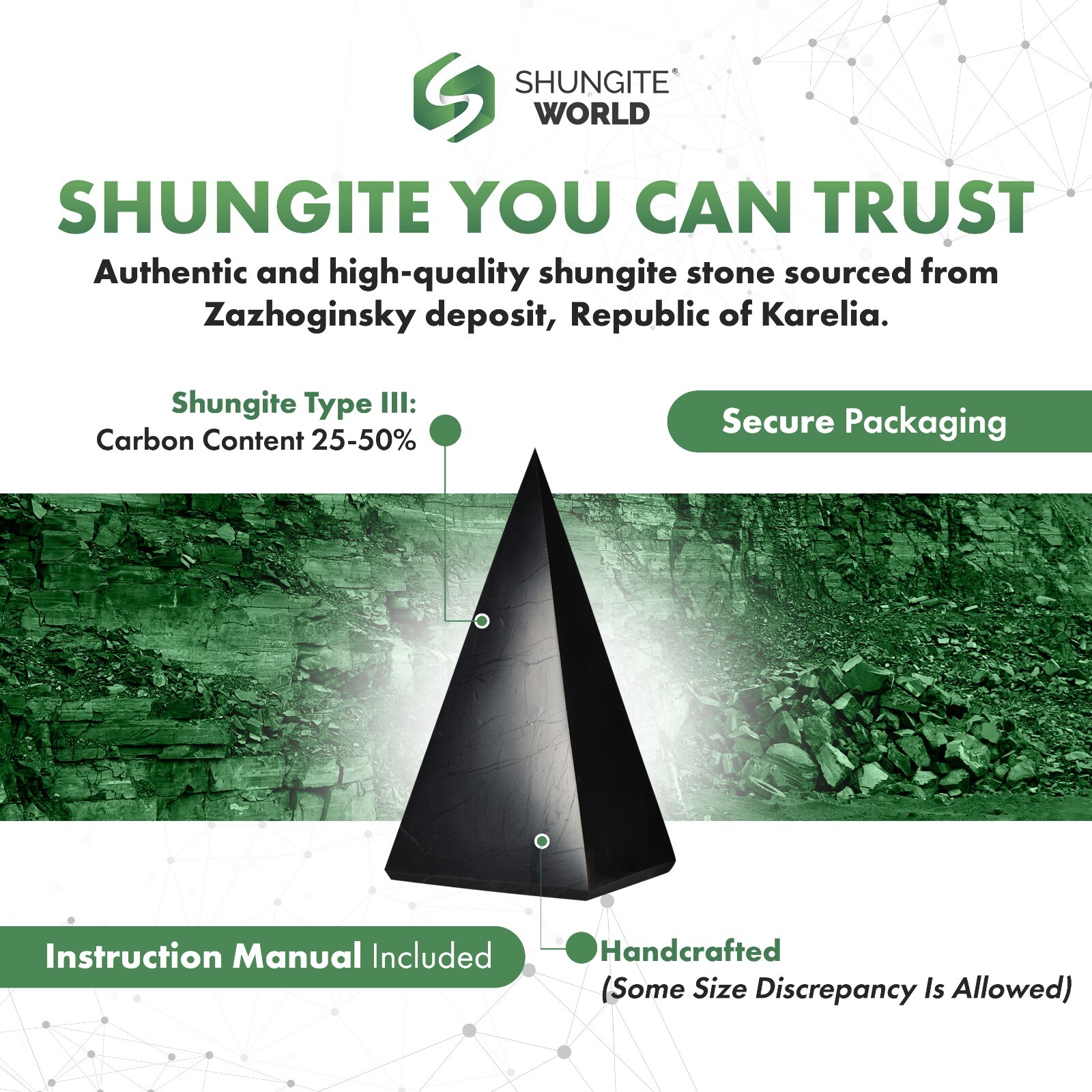 Shungite World Shungite Pyramid Tall – Various sizes ( Polished or Unpolished )