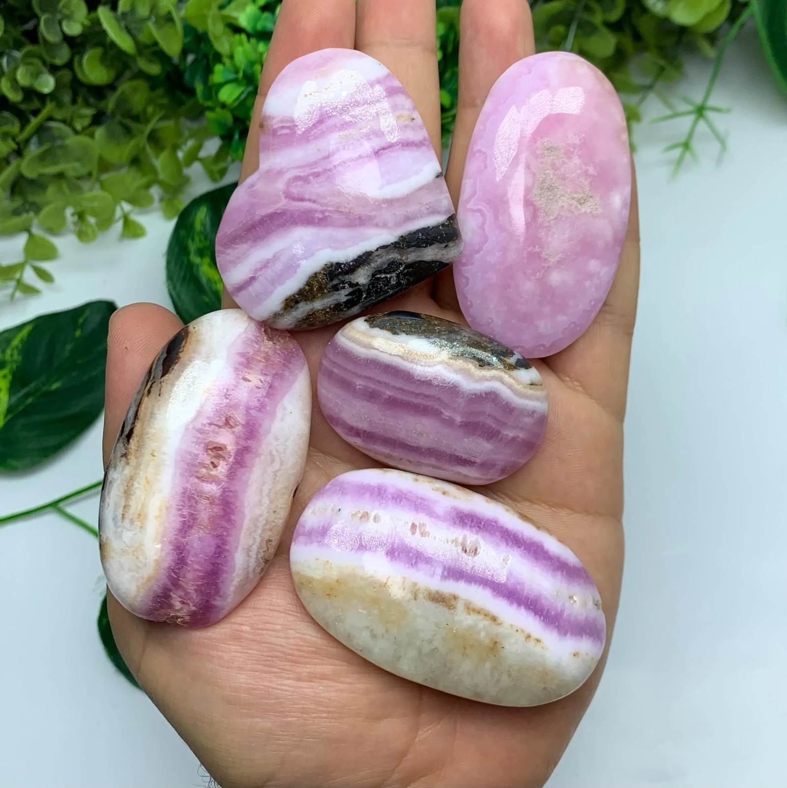 5 Pieces Top Quality Pink Aragonite Palm Stone And Heart, Pink Aragonite Stone