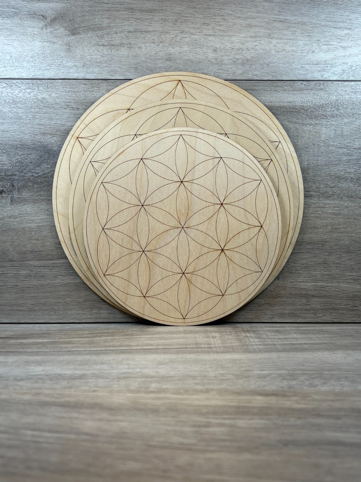 3 Crystal Grid Plates Sacred Flower of Life Healing Wood Birch 7″ 8 Inch 9 Inch