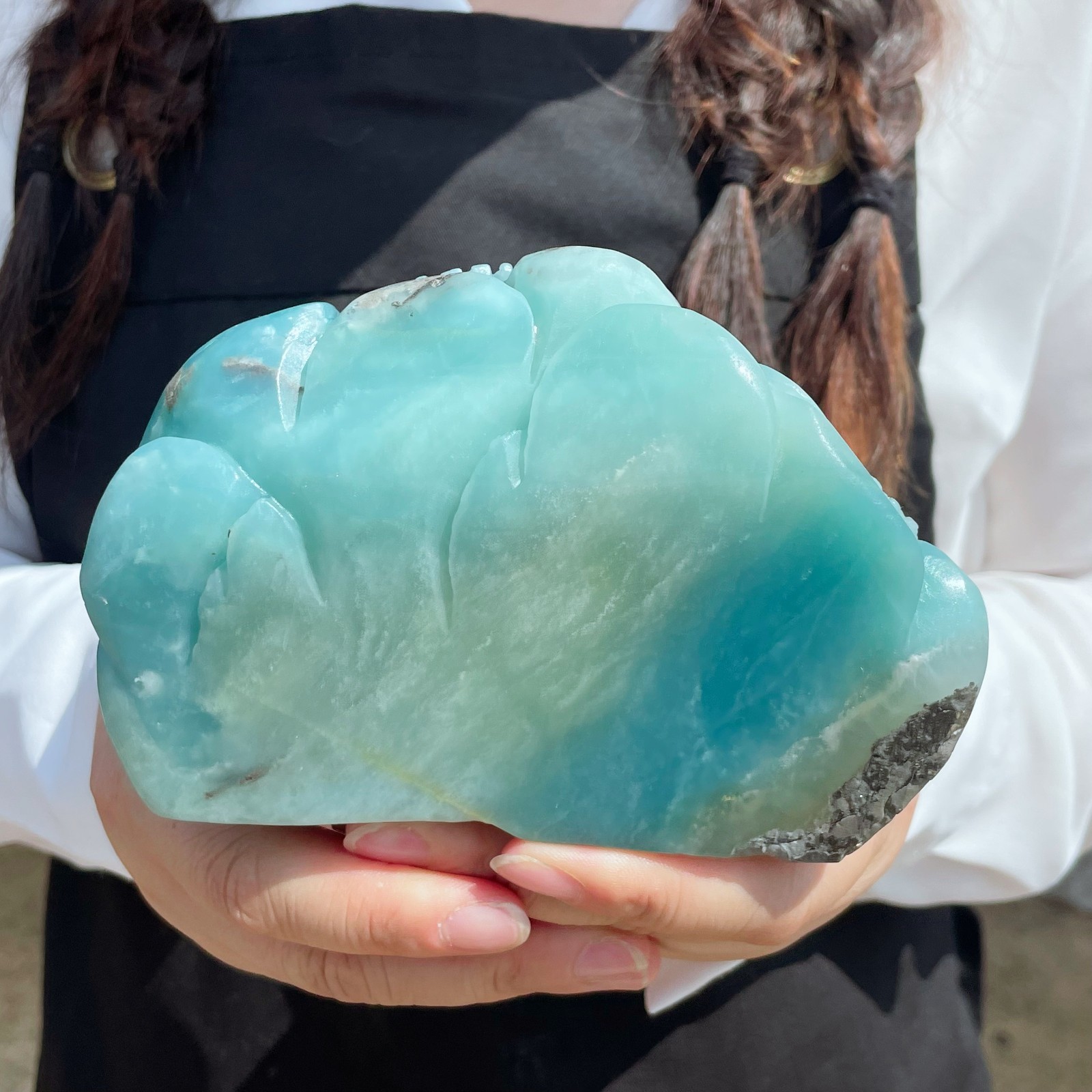 Natural Amazonite Quartz Crystal Hand-Carved Mountain Scenery Sculpture 1.6LB