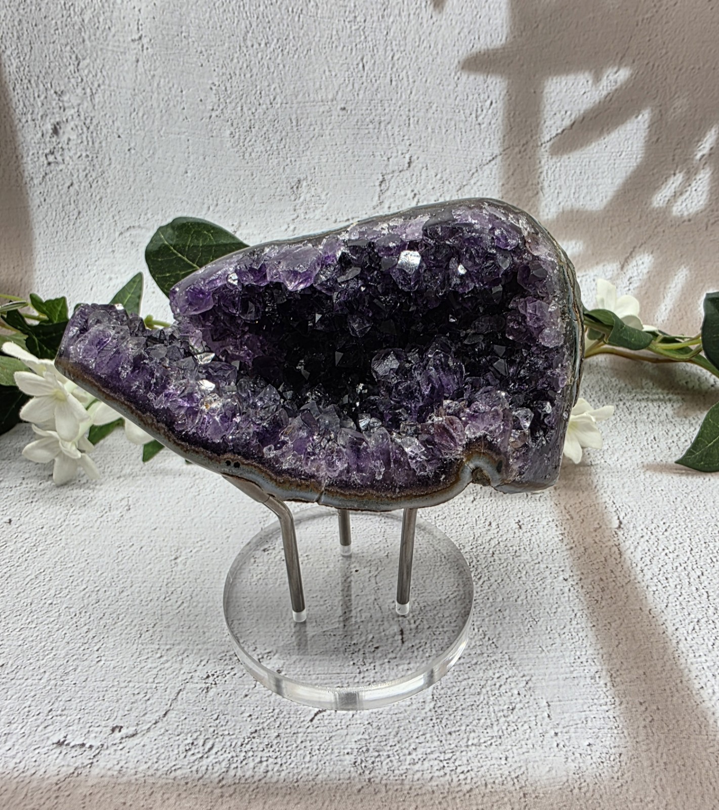 Uruguay Amethyst Druzy Geode Crystal Specimen w/ Acrylic Display Stand 1 Lb 6.6