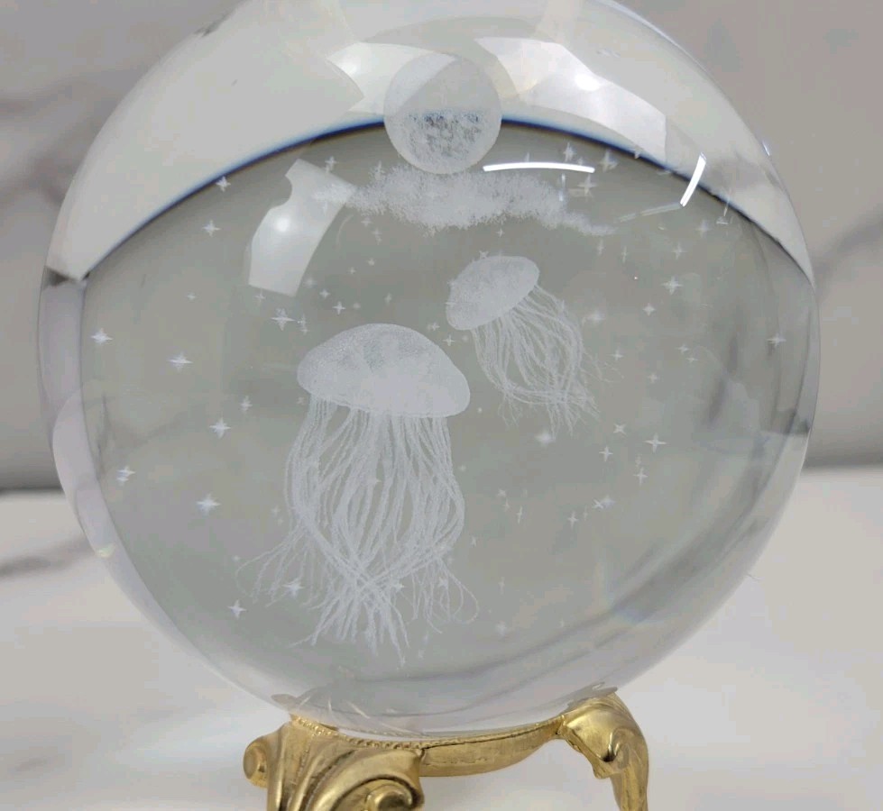 Jellyfish Crystal Ball No Stand, 3D Laser Engraved Glass Sphere Decorative Ball