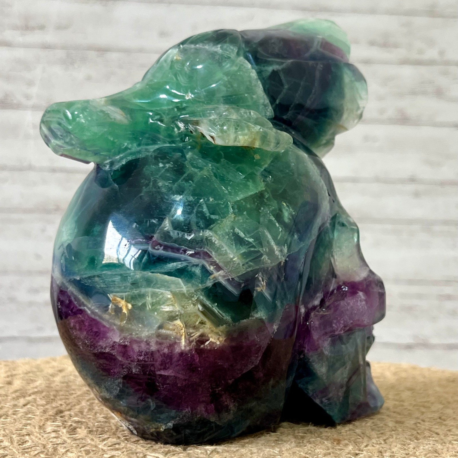 Fluorite Skull Carving with Rose Top – Natural Crystal Healing Decor Gift 3.9 lb