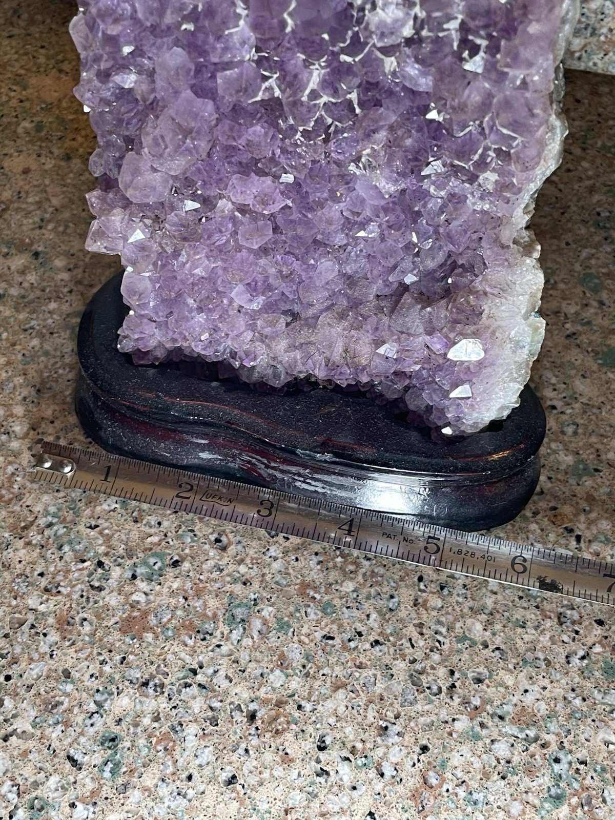 Natural Amethyst Crystal Cluster Geode Specimen on Wooden Display Stand 7”