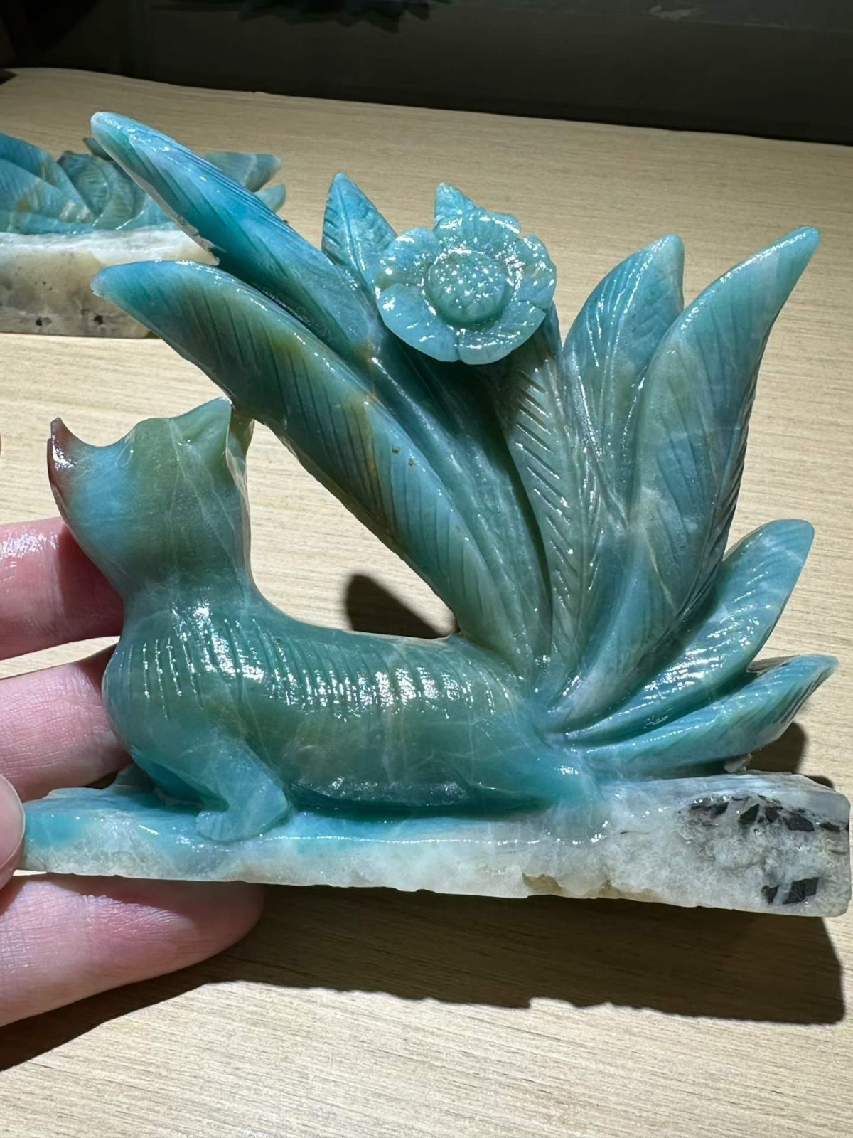 1pc Natural Amazonite Quartz Carved Nine-tailed fox Skull Crystal Decor