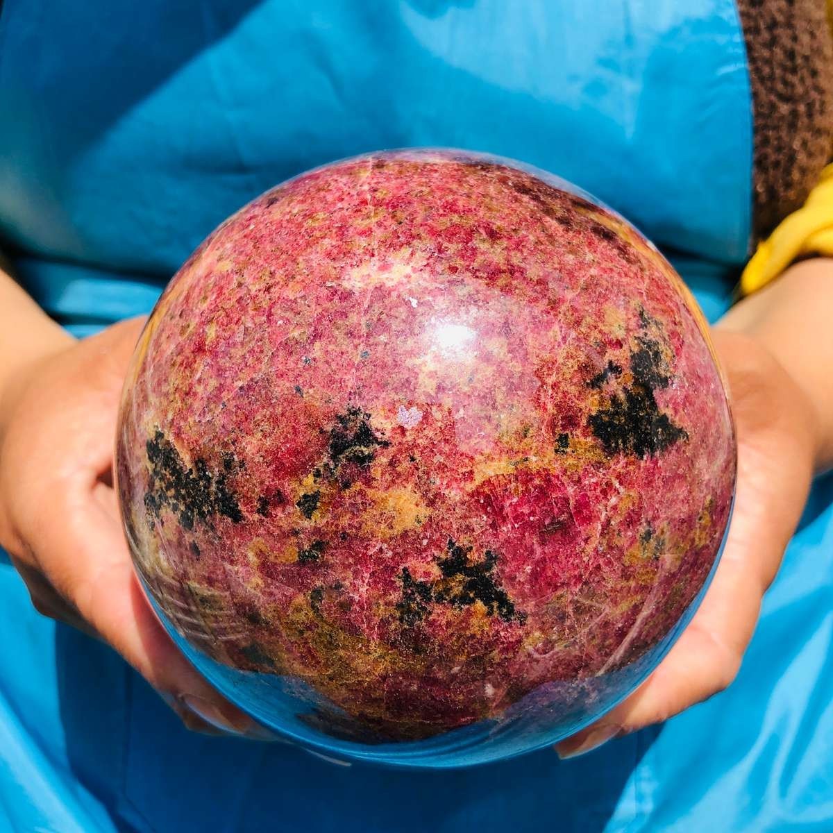 7.04LB Natural Rhodonite Crystal Sphere Pink Black Healing Gem Stone 4799