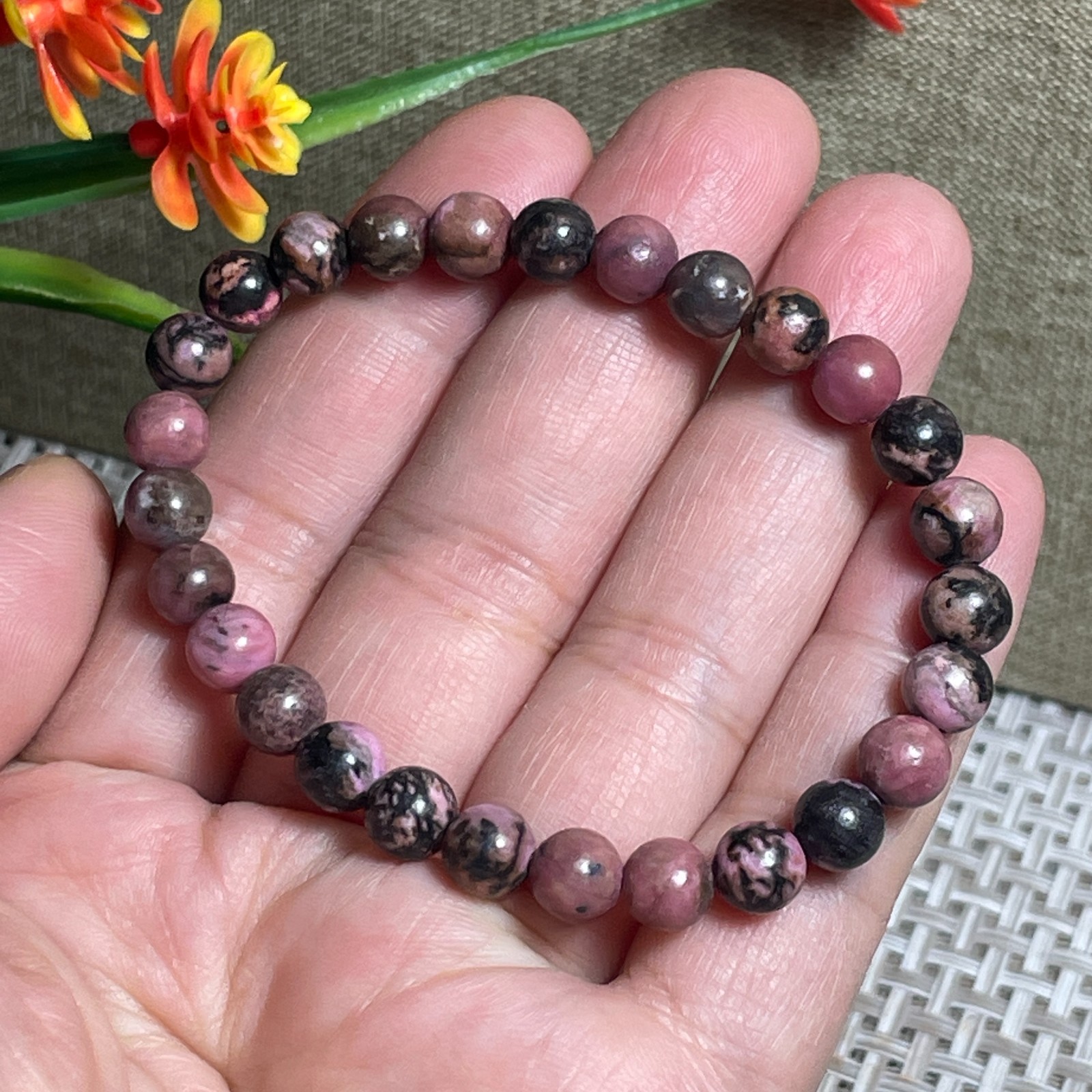 Wholesale 1Pcs 6mm Rhodonite jasper stone ball beads 6mm 7.5”crystal Stretch Bra