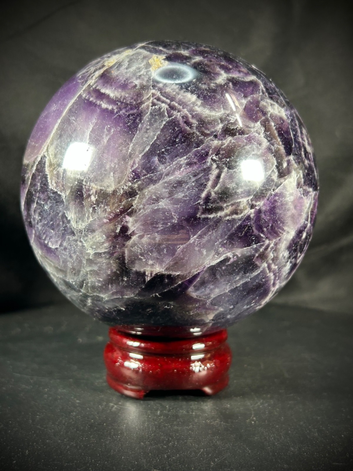 4.56″ Chevron (Dream) Amethyst Sphere With Wood Stand 5lb 3.1oz (2.355 kg)