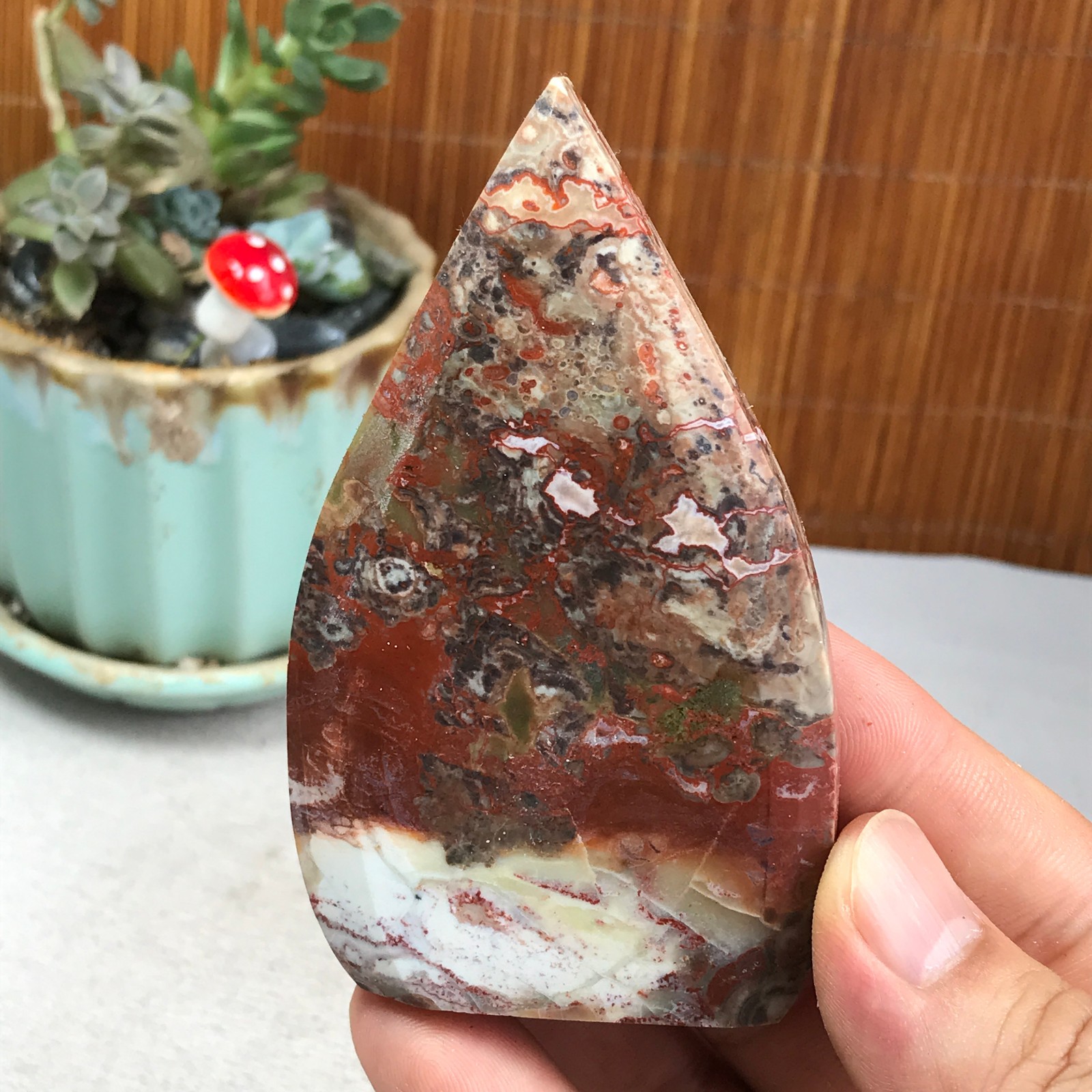 Natural money Mexico agate hand carve leaf Crystal Specimen free standing A6267