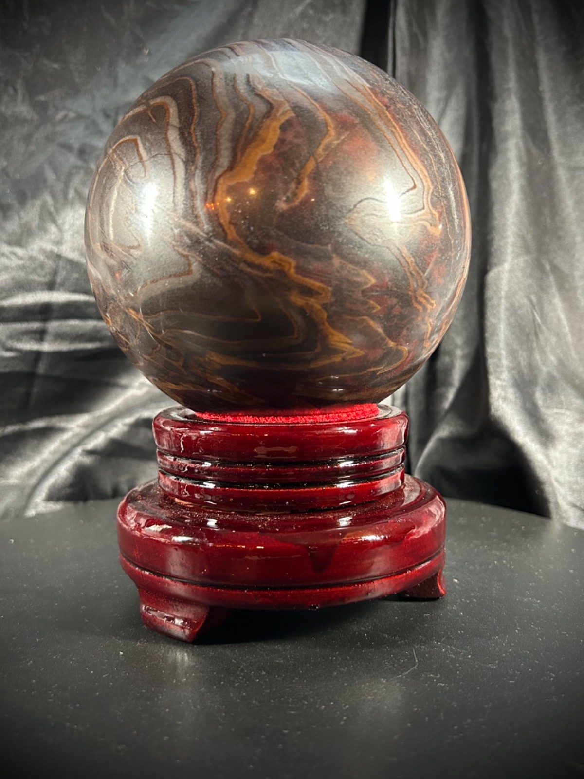 5″ Unique Tiger Iron (AKA Mugglestone) Sphere With Wood Swivel Stand 7lb 4.5oz