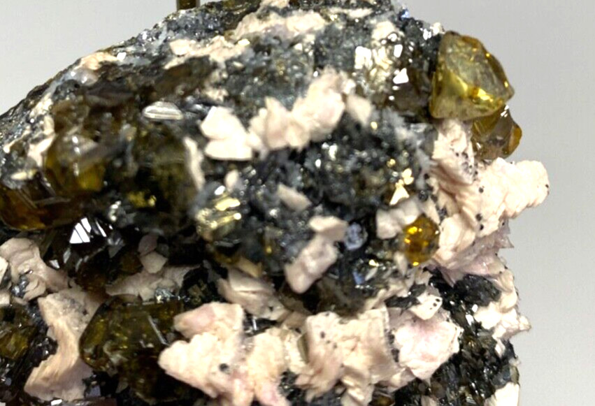 Rhodochrosite Pale Pink and Sphalerite Gem Golden and Black Crystals on Matrix