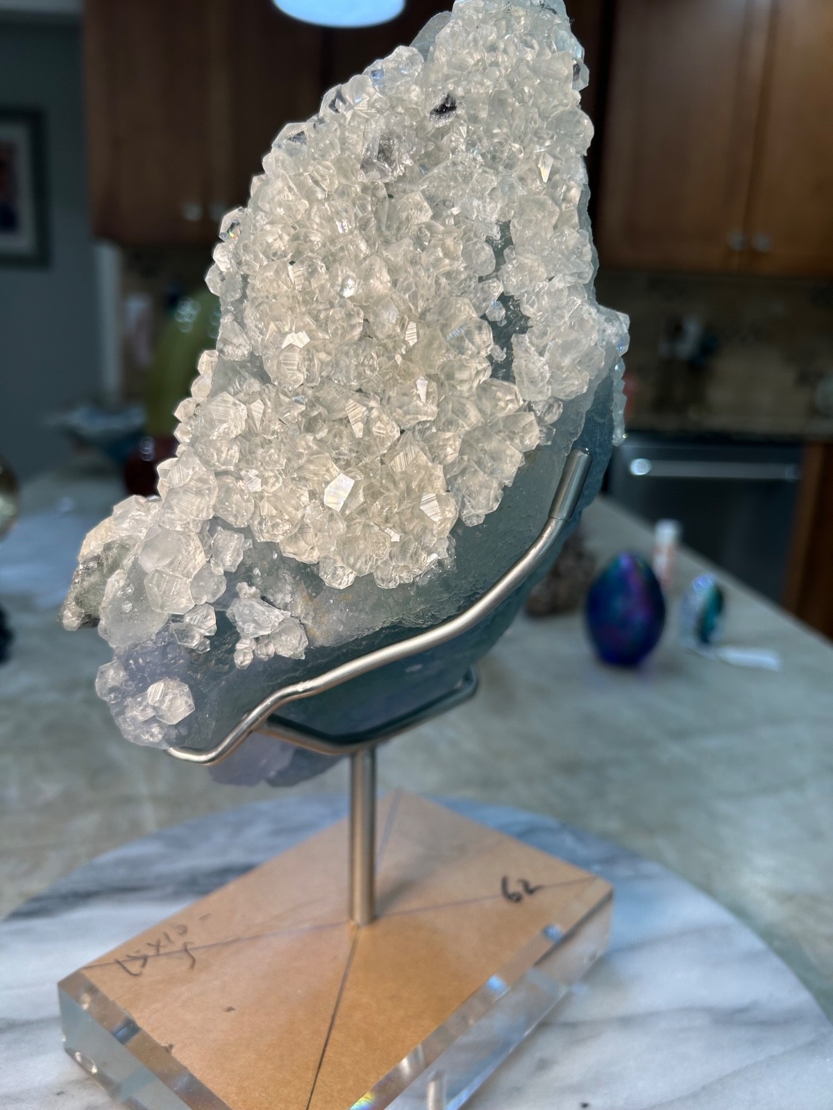 Blue, Green Fluorite Calcite specimen Freeform on acrylic stand UV reactive