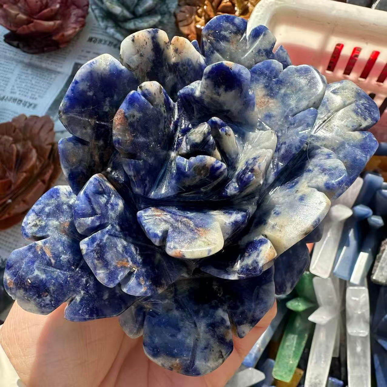 1pc Natural Sodalite Quartz Carved Flower Skull Crystal Reiki Decor Gift